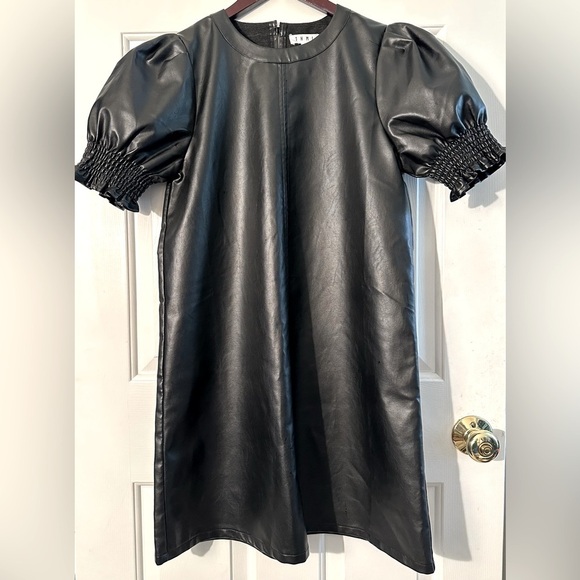 THML Anthropologie Lucille Short Puff Sleeve Faux Leather MEDIUM Babydoll A-Line - Picture 6 of 15